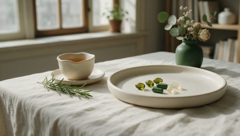 A cream ceramic tray holding a few softgels and capsules beside a cup of tea, a sprig of rosemary and a small vase of dried flowers on linen