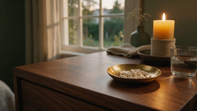 Brass dish of capsules on a nightstand at dusk with a candle and a glass of water