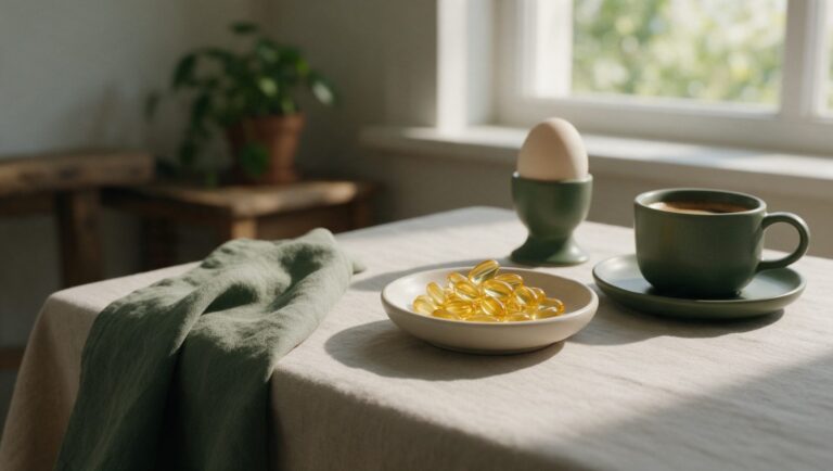 Golden softgels on a sunny breakfast table with coffee and a soft-boiled egg