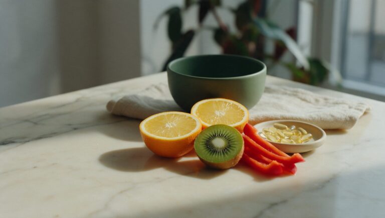 Halved oranges, kiwi and red pepper strips beside a dish of capsules
