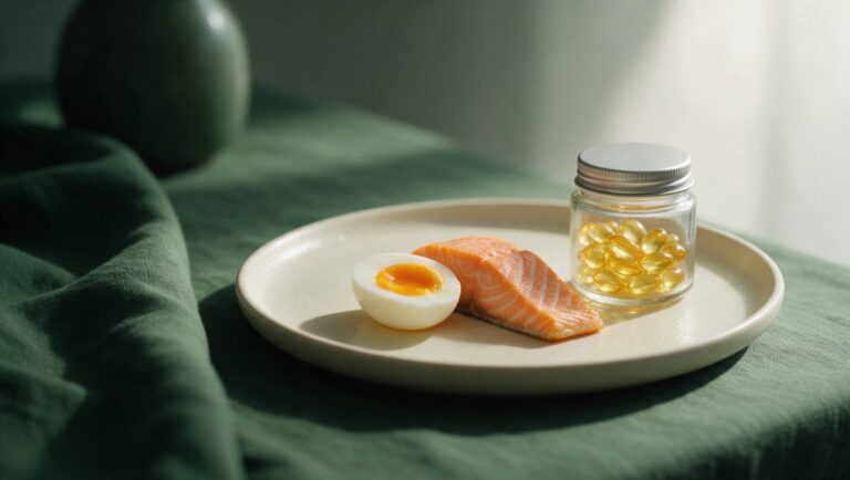 A small glass jar of golden softgels beside a halved soft-boiled egg and a piece of cooked salmon on a cream plate