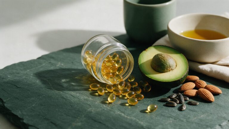 Amber softgels spilling from a glass jar beside avocado, almonds and sunflower seeds