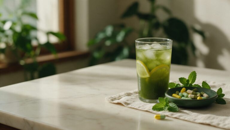 Best Weight Loss Supplements 2026: What Actually Works (Science) Iced green tea with lemon, a dish of capsules and fresh mint on marble