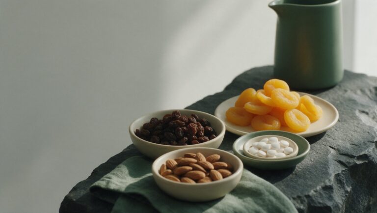 Dried apricots, raisins, almonds and a dish of white tablets on dark stone