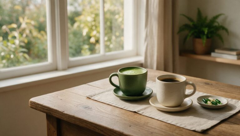 Cup of matcha and a cup of black coffee with a dish of capsules on a wooden desk
