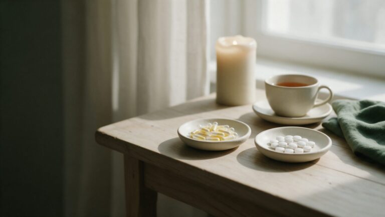 Two dishes of capsules and tablets beside a cup of evening tea and a candle