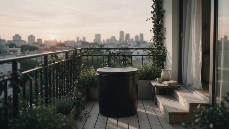 A compact black barrel tub with its lid on, on a small apartment balcony with potted plants at dawn