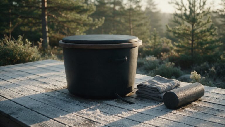 A black barrel cold plunge tub with its lid closed on a frosty wooden deck at dawn, with a towel and a foam roller