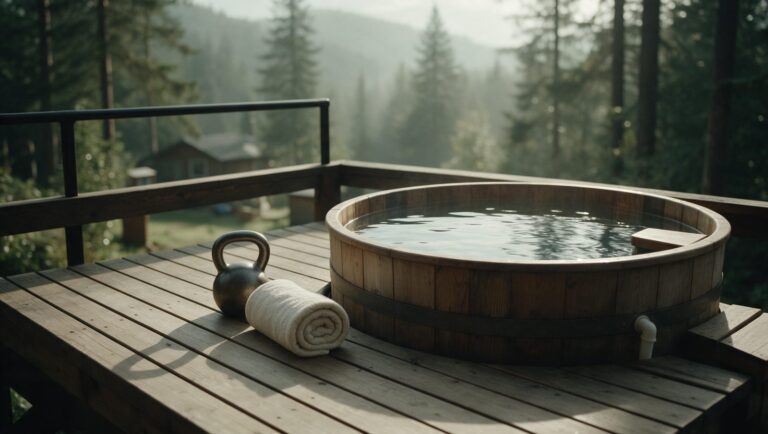A wooden cold plunge tub on a deck next to a kettlebell and a rolled towel