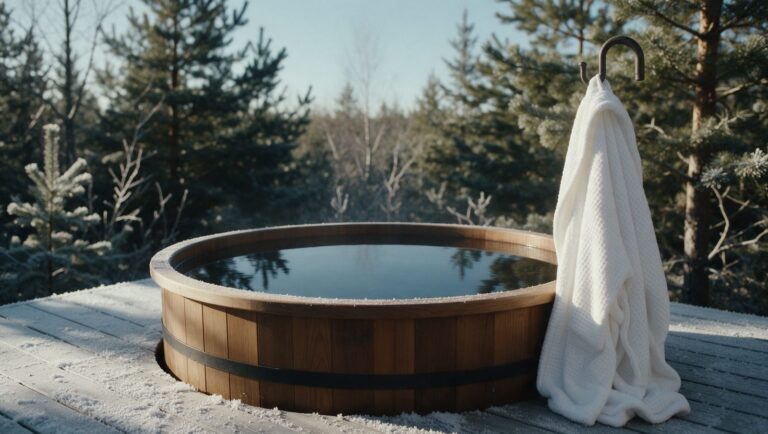 A wooden cold plunge tub on a misty forest deck at sunrise with a white robe hanging on a hook beside it