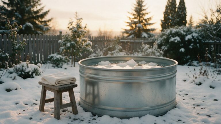 A galvanized stock tank filled with icy water and ice cubes in a snowy garden at sunrise, with a towel on a wooden stool