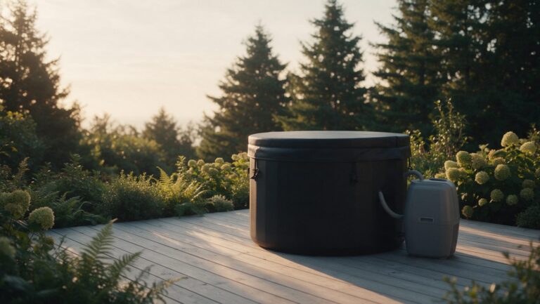 A closed black insulated plunge tub with a grey cooling unit beside it on a wooden deck in a garden at sunrise