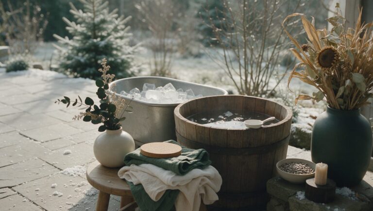 A wooden cold plunge barrel next to a metal tub filled with ice cubes on a stone patio in winter light