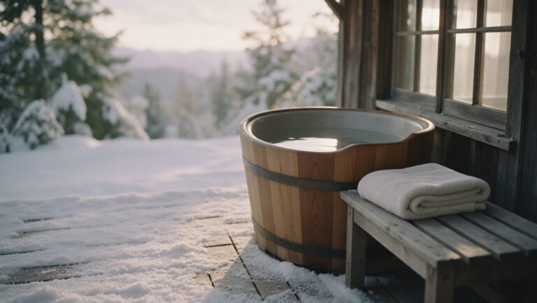 A wooden cold plunge barrel on a snowy deck at dawn with a folded towel on a bench beside it