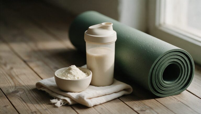 A shaker with a creamy drink, a small bowl of collagen powder and a rolled yoga mat on a wooden floor