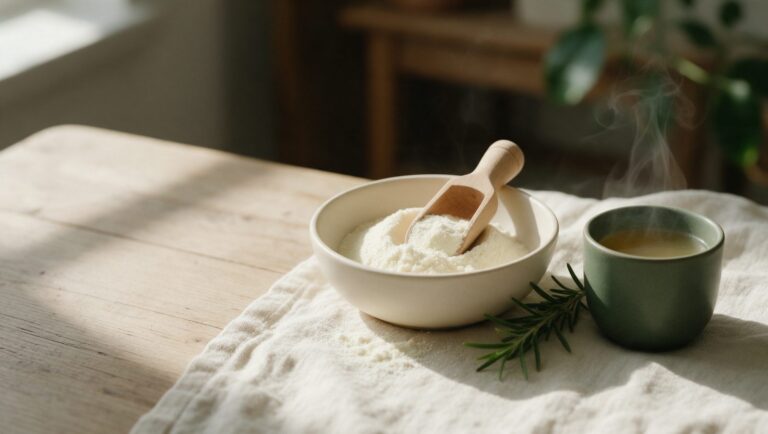 Bowl of collagen peptide powder with a wooden scoop, a cup of broth and rosemary