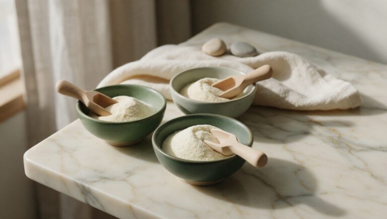 Three small bowls of fine collagen powders in slightly different shades with wooden scoops on a cream marble surface