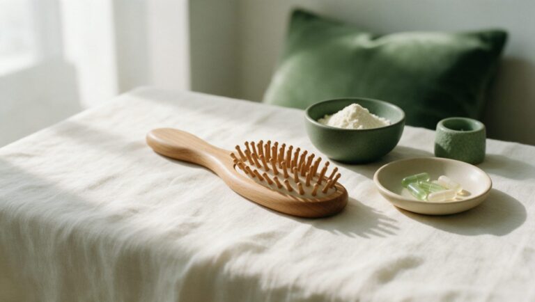 A wooden hair brush, a small bowl of collagen powder and a dish of capsules on a cream linen surface