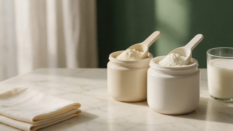 A jar of fine white collagen powder next to a jar of beige whey powder, each with a scoop, on a cream marble counter with a glass of milk