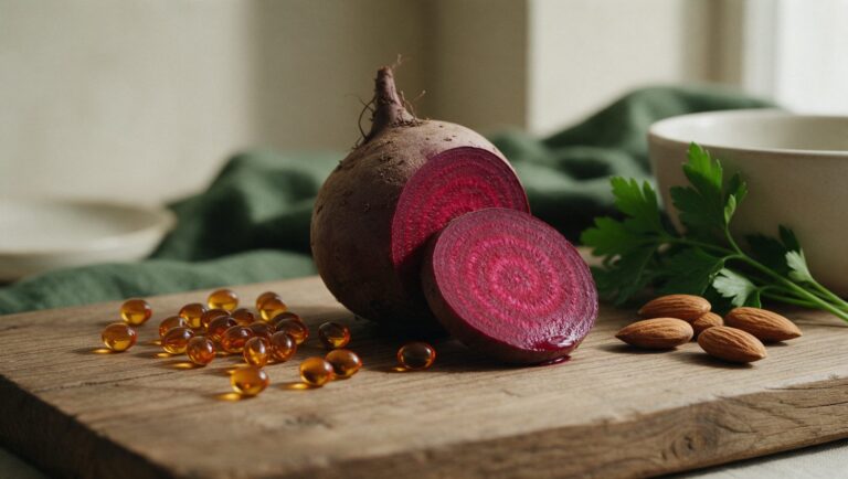 Amber softgels scattered beside a sliced beet, a few almonds and a sprig of parsley on a wooden board
