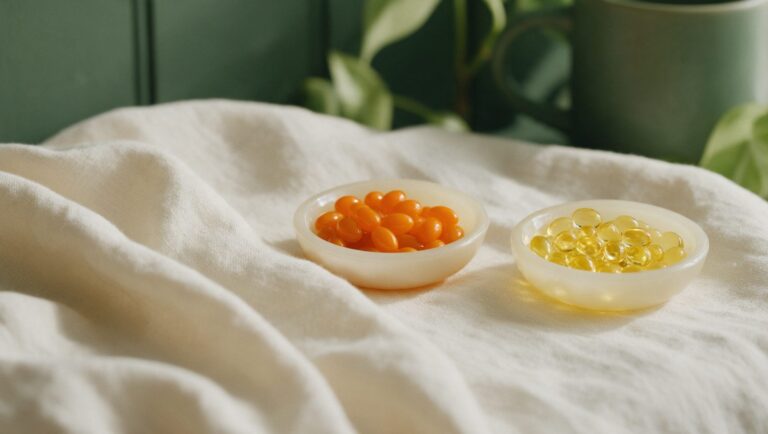 Two small glass dishes side by side, one with deep orange softgels and one with pale yellow softgels, on cream linen
