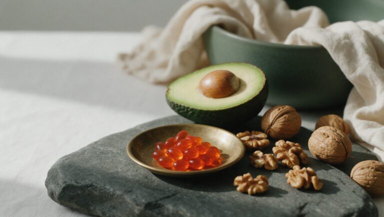 Translucent orange-red softgels in a small brass dish beside a halved avocado and a handful of walnuts on dark stone