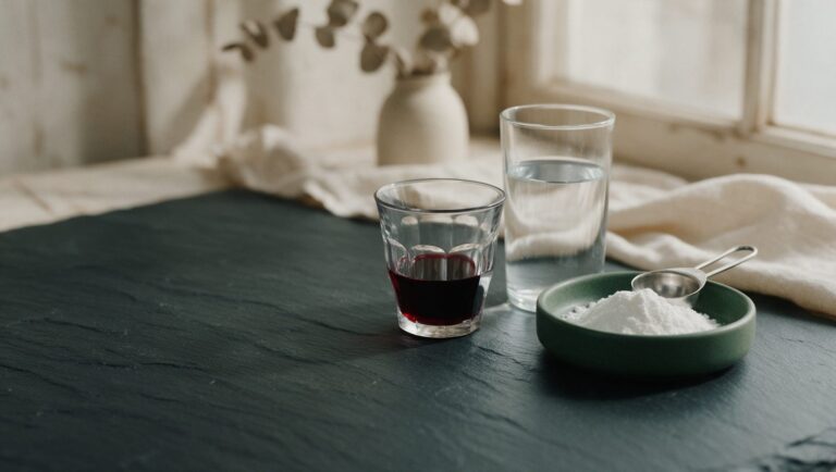 Glass of red wine and a glass of water beside a dish of white powder on dark slate
