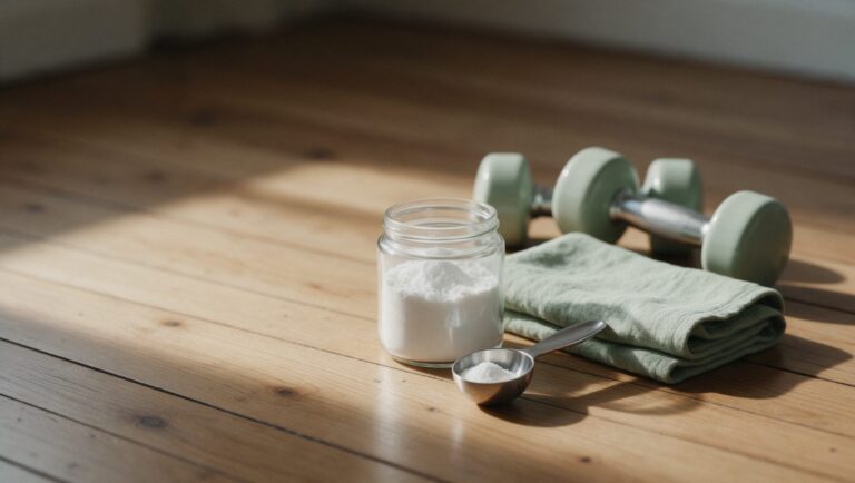 A glass jar of fine white powder with a steel scoop beside a pair of light dumbbells and a folded sage-green towel on a wooden floor