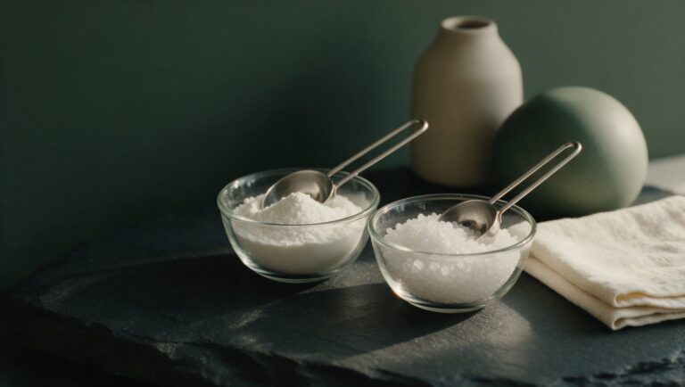 Two glass bowls of white powder, one fine and one crystalline, with steel scoops