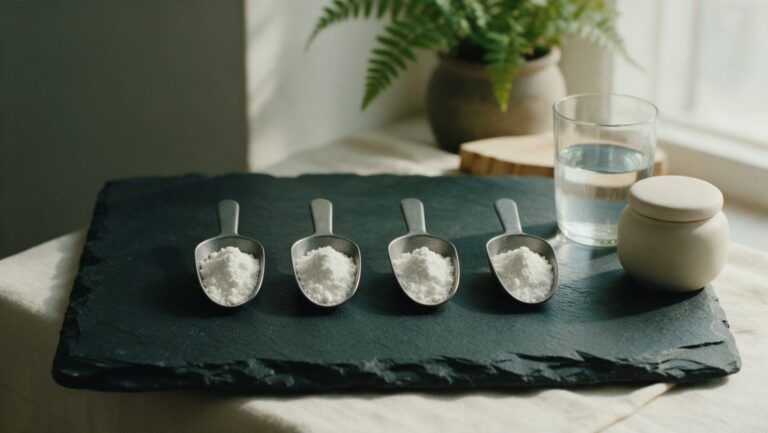 Four small steel scoops of white powder in a row on a slate board, beside a glass of water and a small ceramic jar