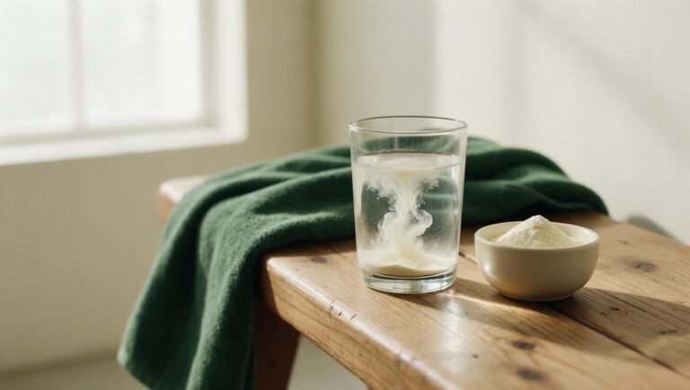 Powder dissolving in a glass of water next to a bowl of white powder on a bench