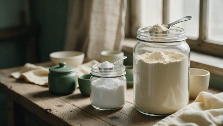 Large jar of protein powder next to a small jar of creatine powder with scoops