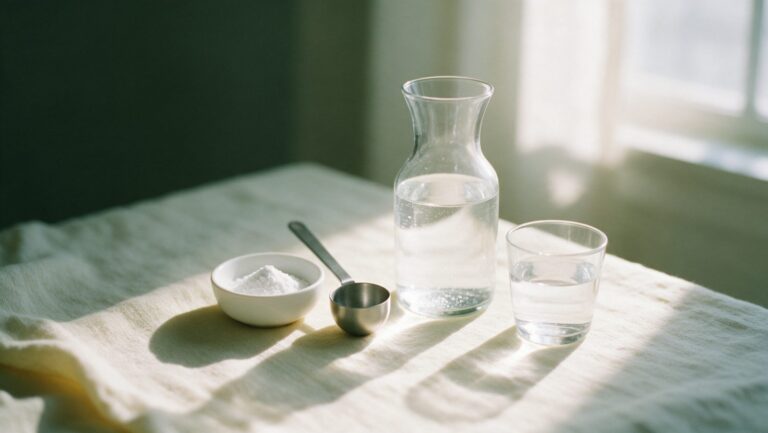 A glass carafe and a glass of water beside a small bowl of white powder and a steel scoop on linen in sunlight