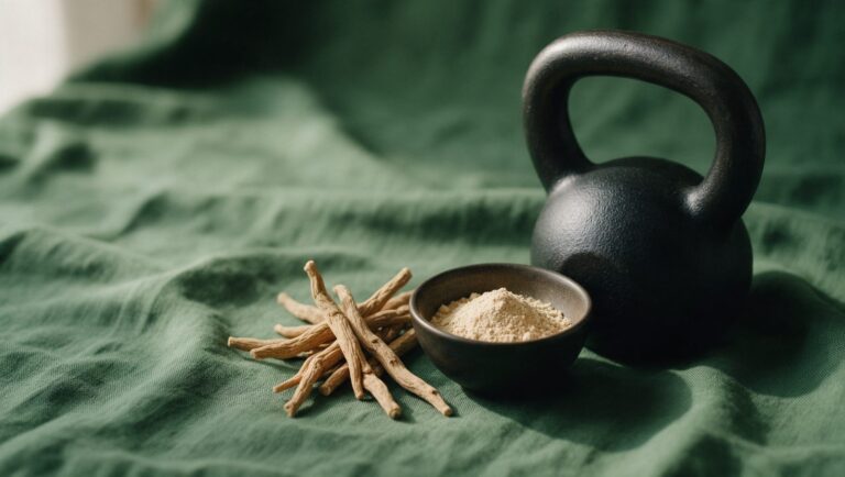 Dried ashwagandha roots and root powder beside a cast-iron kettlebell on green linen
