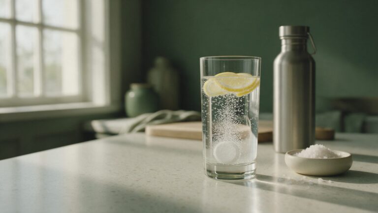 A glass of water with a fizzing tablet and lemon slices, a small dish of sea salt and a steel water bottle on a kitchen counter