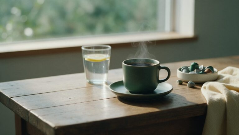 A cup of black coffee, a glass of water with lemon and a small dish of capsules on an otherwise empty wooden table
