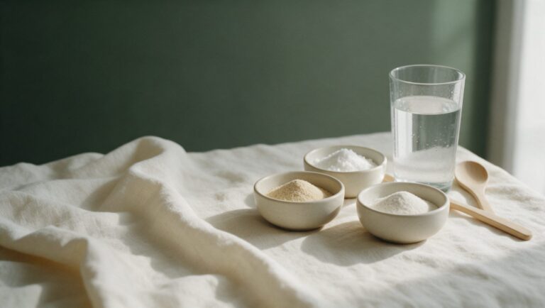 Three small ceramic bowls of plain fiber powders beside a glass of water and a wooden spoon on cream linen