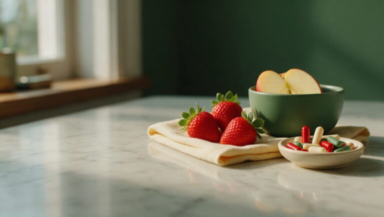Fresh strawberries and a sliced apple beside a small dish of capsules on a light marble surface