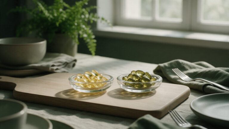 Two glass dishes, one with pale golden fish oil softgels and one with darker algae oil softgels, on a wooden board