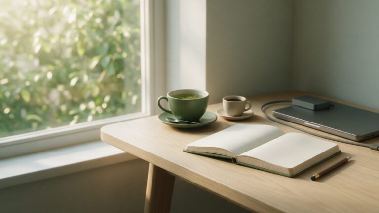 A cup of green tea and a small cup of coffee beside an open notebook and a closed laptop on a wooden desk