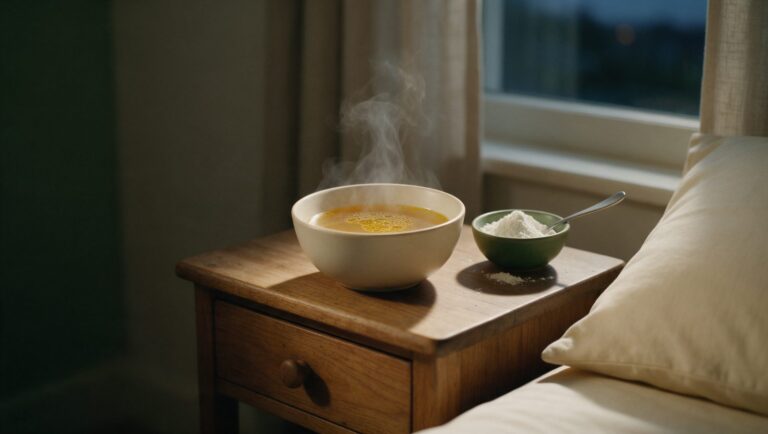 A cup of warm bone broth, a small bowl of fine white powder and a spoon on a wooden nightstand at dusk