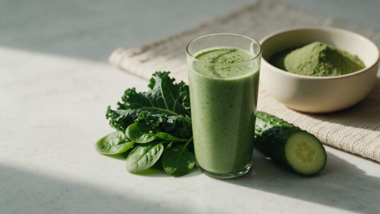 A glass of green smoothie beside kale, spinach, a halved cucumber and a bowl of green powder