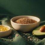Best B Complex Supplement: Complete 2026 Buyer's Guide Yellow B-vitamin capsules in a ceramic dish beside lentils, avocado and sunflower seeds on green linen