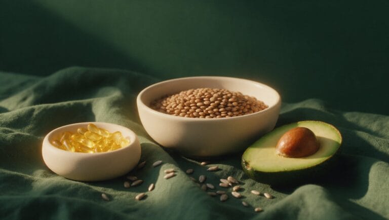 Yellow B-vitamin capsules in a ceramic dish beside lentils, avocado and sunflower seeds on green linen