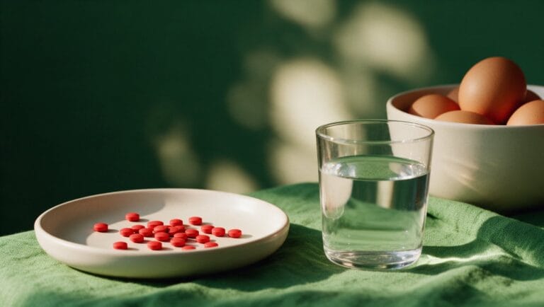 Small red B12 tablets in a ceramic dish with a glass of water and brown eggs on green linen
