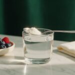 A glass of water with a spoon of collagen powder, berries and a linen napkin on pale marble