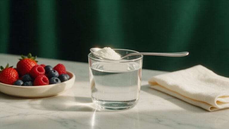 A glass of water with a spoon of collagen powder, berries and a linen napkin on pale marble