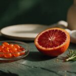 Orange CoQ10 softgels in a glass dish beside a sliced blood orange and rosemary