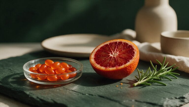 Orange CoQ10 softgels in a glass dish beside a sliced blood orange and rosemary