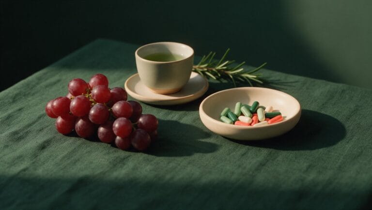 Red grapes, green tea and a dish of capsules on green linen with rosemary